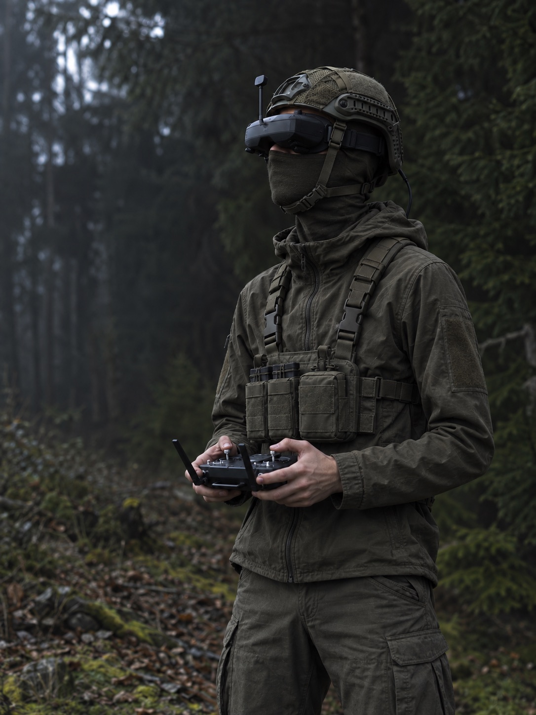 Operátor FPV dronu v terénu